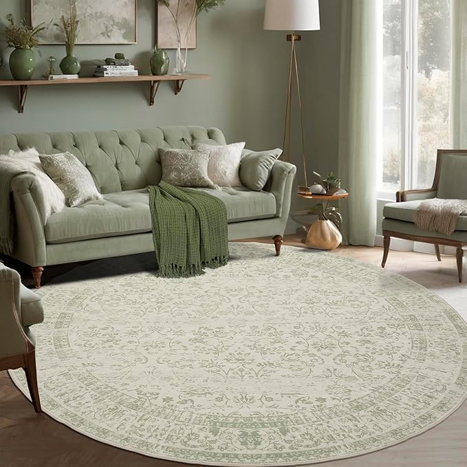 Kitchen Living Room Bedroom Dining Room Vintage Rug Indoor Floor Cover Floral Print Blush Sage Green Circle Rug 4' Round