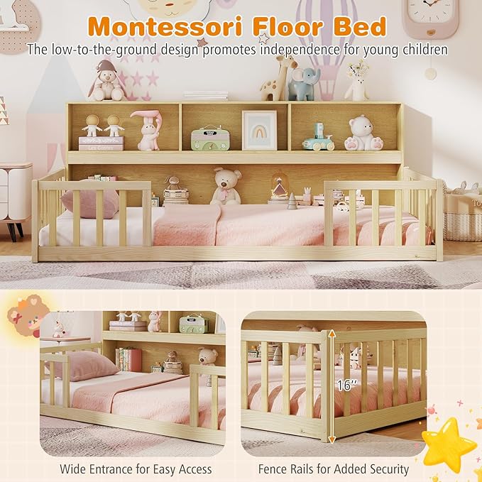 Giantex Twin Floor Bed for Kids, Wooden Montessori Bed Frame with Bookcase, Storage Shelves & Safety Fence Rails, Floor Beds Twin for Girls, Boys, No Box Spring Needed, Without Slats, Natural