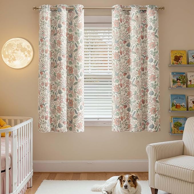 jinchan Nursery Curtains 95% Blackout Pink 63 Inch Long Floral Curtains for Girls Room, Farmhouse Drapes for Living Room Bedroom Darkening Window Treatment Grommet Top Set of 2 Panels