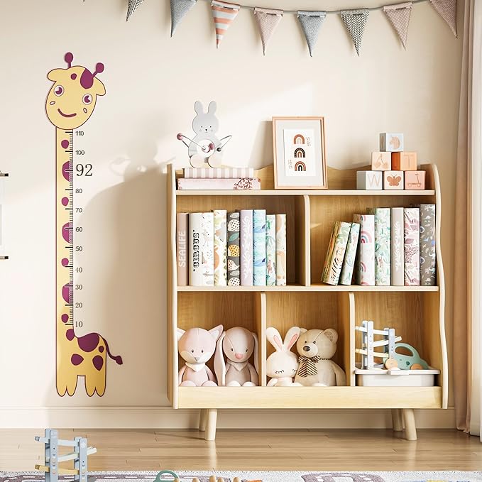 Treocho Kids Bookshelf and Toy Storage Orangizer, 3-Tier Wooden Children's Bookcase with Curve Design, 5 Toy Storage Cabinet Display with Legs for Children's Room, Playroom, School, Natural