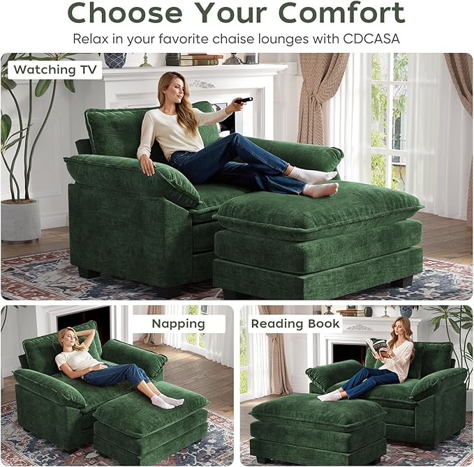 CDCASA Oversized Accent Chair with Ottoman, Chenille Comfy Cloud Sofa Chair with Large Seat and Upholstered Armrests, Modern Extra Wide Armchair Reading Chairs for Bedroom, Living Room,Green