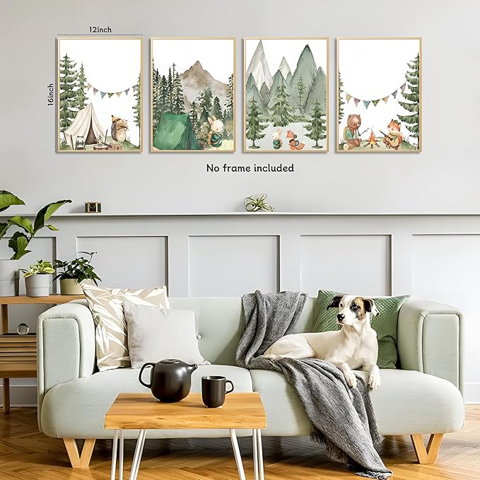 Kousne Woodland Adventure Nursery Canvas Wall Art Set of 4 Camping Animal Prints BearFox Rabbit Hiking PostersForest Mountain Themed Kids Room PictureNature Exploration Wall Decor Frameless 12x16In ﻿