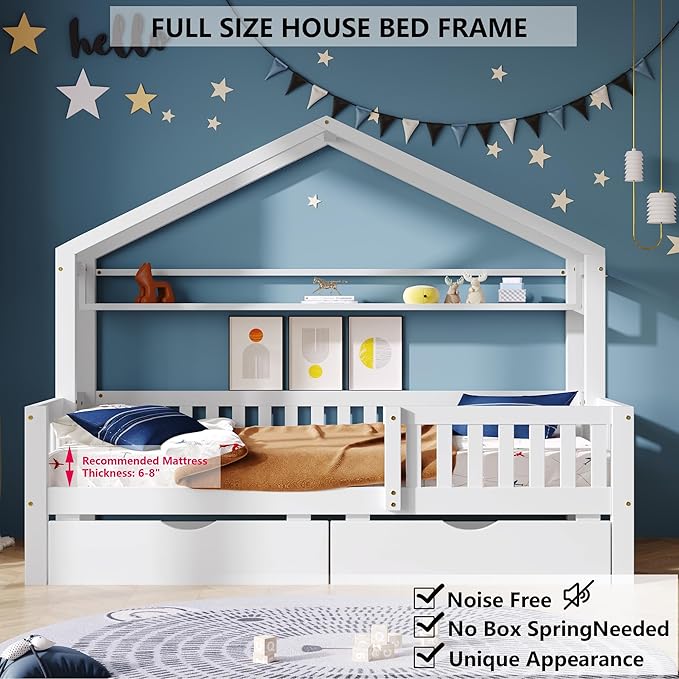 Aoowow Full Size House Bed with Storage Drawers and Shelf, Kids Twin Bed Frame Wooden Platform Bed with Guardrails and Slats for Boys Girls Teens for Bedroom(White)