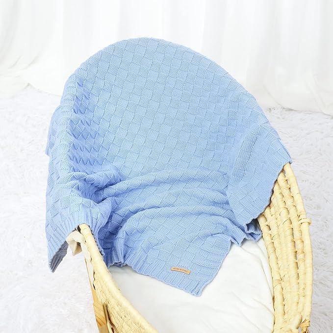 LAWKUL Baby Blanket Blue Cable Babe Blanket Checkered Knit Newborn Infants Soft Airy Receiving Swaddle Neutral Unisex 40"x30"