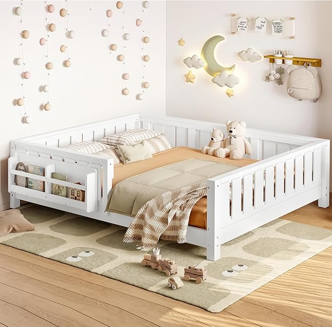 Bellemave Full Size Floor Bed with Slats and Safety Guardrail, Full Size Montessori Floor Bed with Fence and Built-in Bookshelf, Easy Assemble Montessori Beds for Kids, Girls, Boys, White