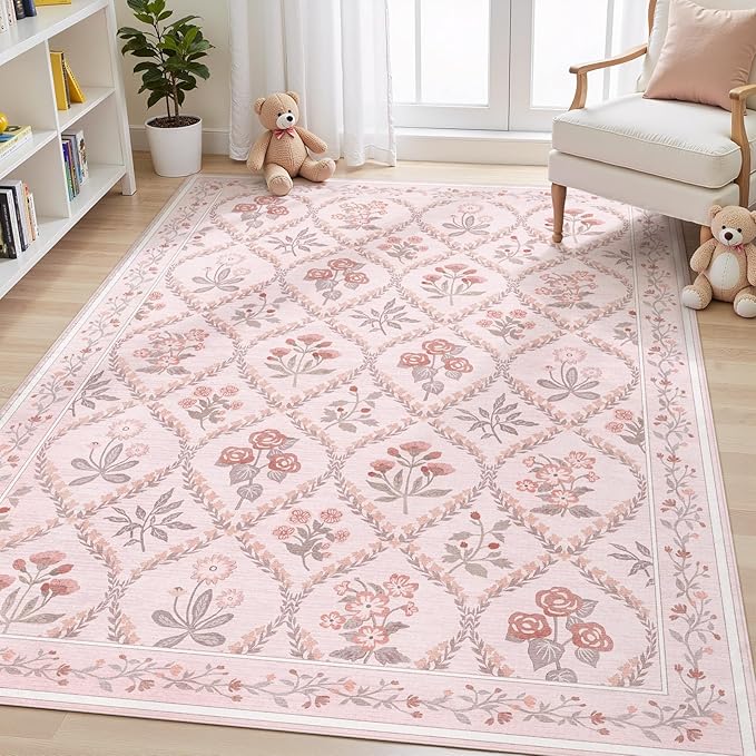 Pink Rugs for Bedroom Girls, 4x6 Floral Washable Area Rug Non Slip, Soft Indoor Decor Elegant Carpet for Kids Room Nursery Living Room Dining Room, Pink Multi
