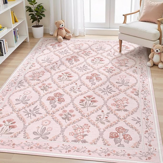 Pink Rugs for Bedroom Girls, 4x6 Floral Washable Area Rug Non Slip, Soft Indoor Decor Elegant Carpet for Kids Room Nursery Living Room Dining Room, Pink Multi