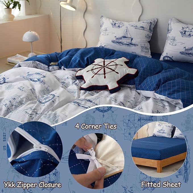 Simple&Opulence 100% Organic Cotton Duvet Cover for Kids Teens,3 Pieces Soft Cartoon Comforter Cover with Zipper Closure, Boys Bedding Set with Sailboat Pattern,Twin