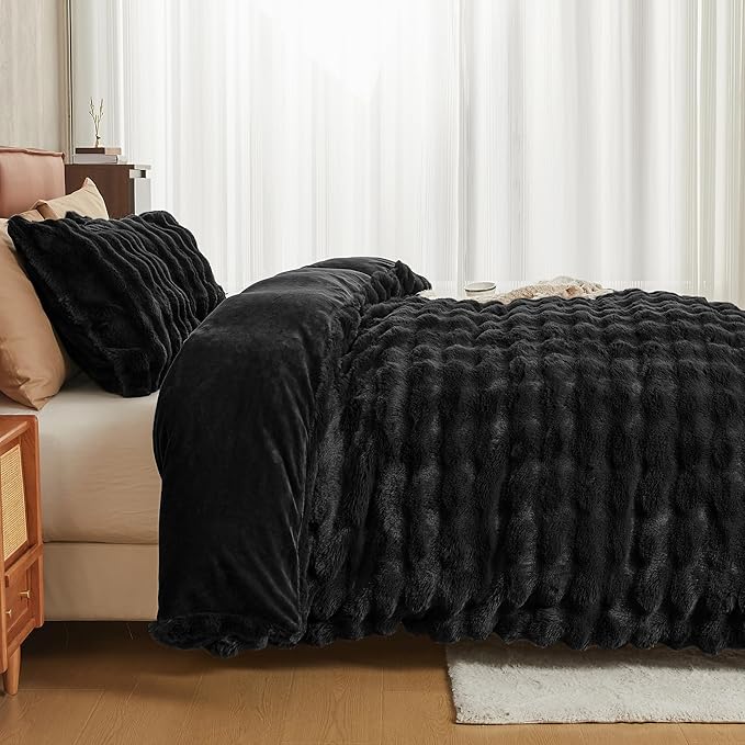 JELLYMONI Plush Duvet Cover Set - Queen Size Black Faux Fur Comforter Cover 3pcs Bedding Set Luxury Ultra Soft Striped Fluffy Duvet Cover with Zipper and 2 Pillowcases (NO Comforter)