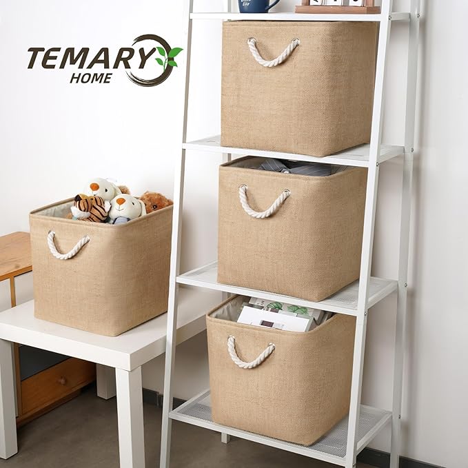 Temary Storage Baskets for Shelves 13 Inch Baskets for Gifts Empty, 4 Pack Shelf Baskets Decorative Storage Baskets Cube Collapsible Storage Bins Cubes with Handles for Storage (Linen Yellow)
