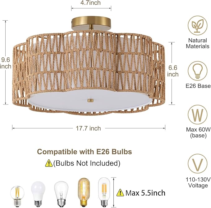 17.7" Rattan Ceiling Light Flush Mount, 3-Light Boho Close to Ceiling Light Fixtures, Rattan Bedroom Ceiling Light Farmhouse Large Drum Chandelier for Dining Room Kitchen Hallway(3-Tier Yellow)