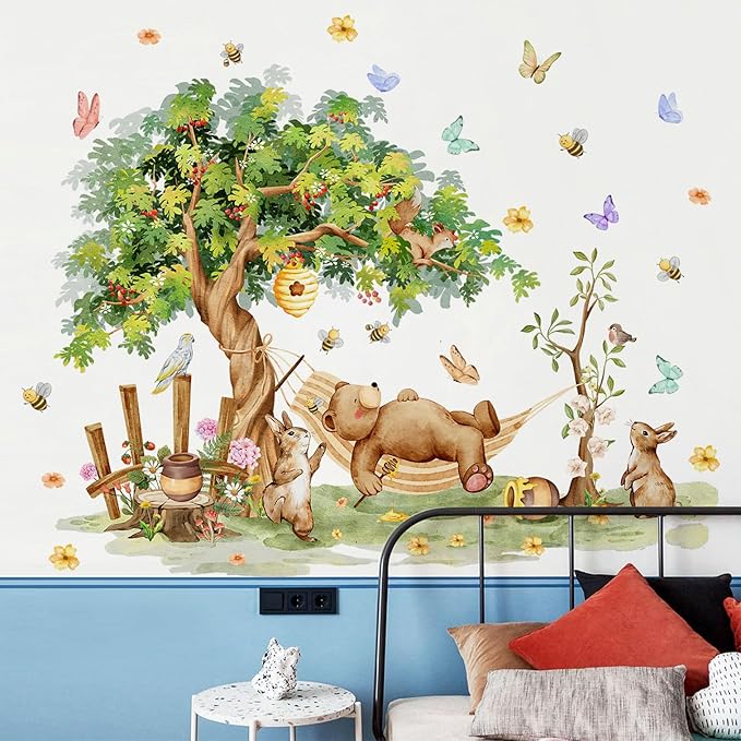 Amaonm Large Whimsical Tree Wall Decal with Woodland Animals, Birds, and Butterflies, Watercolor Green Tree Wall Sticker Decor for Girls Kids Bedroom Living Room Nursery Decoration (C)