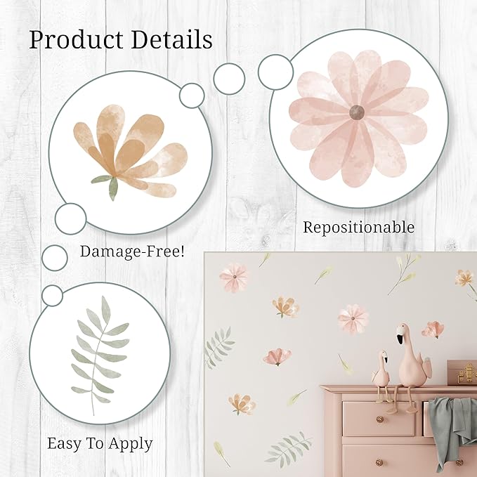 Watercolor Flower Wall Decals - Set of 16 Vinyl Flower Room Decor Peel and Stick Removable Floral Stickers for Nursery Bedroom Bathroom
