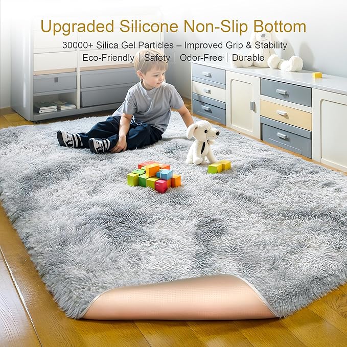 Thick Area Rug Light Grey Fluffy Shag 3x5 for Bedroom, Soft Plush Fuzzy Shaggy Carpet, Thickened Washable Non Slip Cozy Furry Rugs for Living Room, Kids Baby Nursery Dorm, Tie-Dye Gray