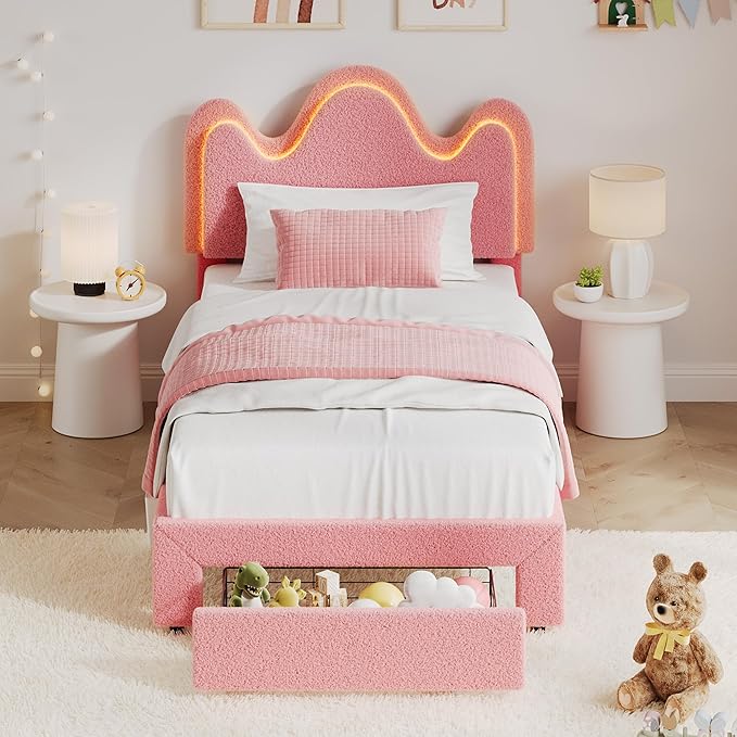 IDEALHOUSE Twin Bed Frame with LED Headboard and Under-Bed Drawer, Metal Upholstered Platform Bed with LED Light for Kids, Girls, Lamb Fleece Fabric, Wooden Slats Support, No Box Spring Needed, Pink