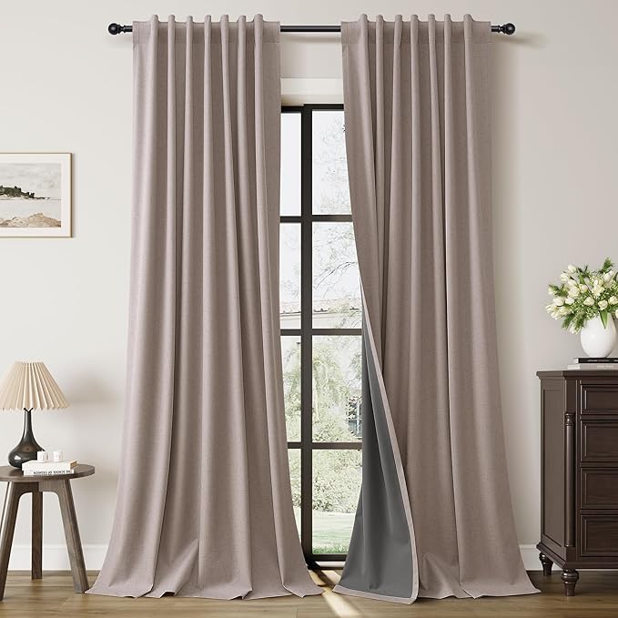 Guken Taupe Black Out Linen Look Curtains for Living Room 96 Inch Long 2 Panels Set Hook Belt Back Tab Textured Cottage Core Room Darkening Thermal Insulated Soundproof Greige Beige 52x96 8Ft