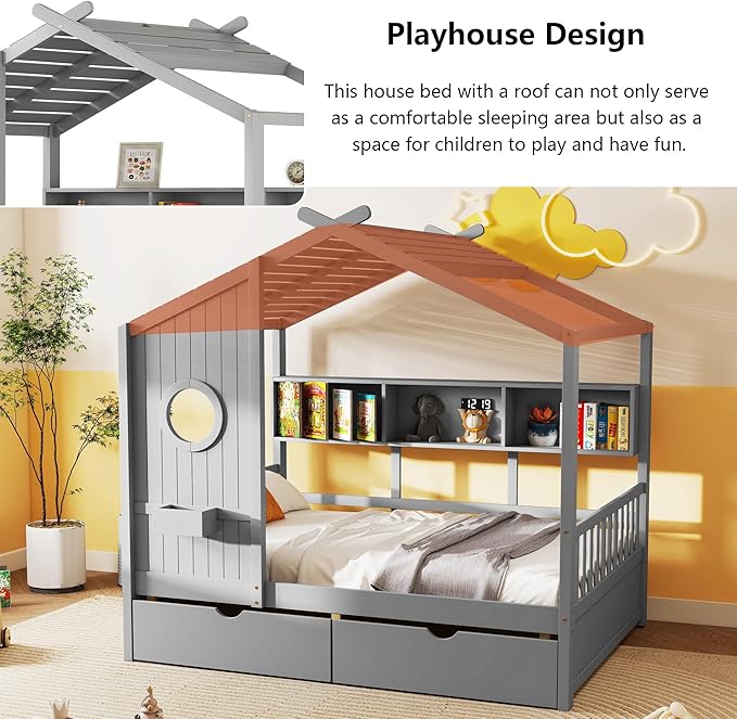 Aoowow Twin Size House Bed with Storage Shelves and Drawers, Wood Platform Kids House Bed with Window and Roof for Bedroom, Twin Playhouse Bed Frames for Boys Girls, Can be Decorated, Grey