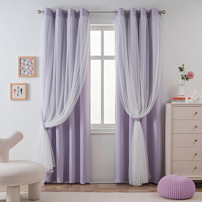 MYSKY HOME Cute Lilac Curtains for Girls Bedroom & Nursery Kids Blackout Short Curtains for Small Windows 54 Inch Long Double Layer with Polka Dots Sheer, Grommet Tops, 52" Wide, 2 Panels