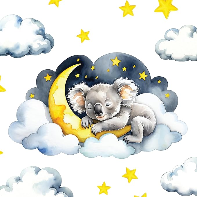 Boho Nursery Wall Decals - Dreamy Watercolor Koala Sleeping on Cloud | Multi-Piece Set with Clouds, Moon & Stars | Removable Fabric Wall Art for Kids Room