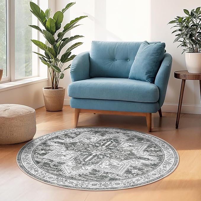 WITSHOCK Area Rug Round Rugs, 4Ft Oriental Circle Area Rugs for Living Room Machine Washable Non Slip Stain Backing Rug Soft Foldable, Vintage Rugs Home Office Kitchen Hallway Bedroom, Gray