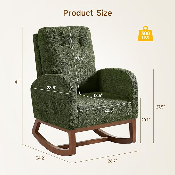 ONBRILL Rocking Chair Nursery, Rocking Chairs with Solid Wood Legs, Teddy Fabric, Glider Chair with Upholstered High Backrest, Nursery Chair for Living Room, Baby Room, Bedroom (Green)