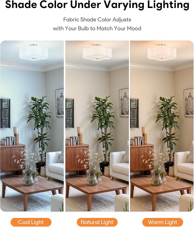 VONLUCE Semi-Flush Mount Ceiling Light, 15.8" Modern 4-Light Ceiling Light Fixture with White Clover-Shaped Shade 4 E26 Sockets for Bedroom Entryway Living Room, Gold Finish, ETL Certificated