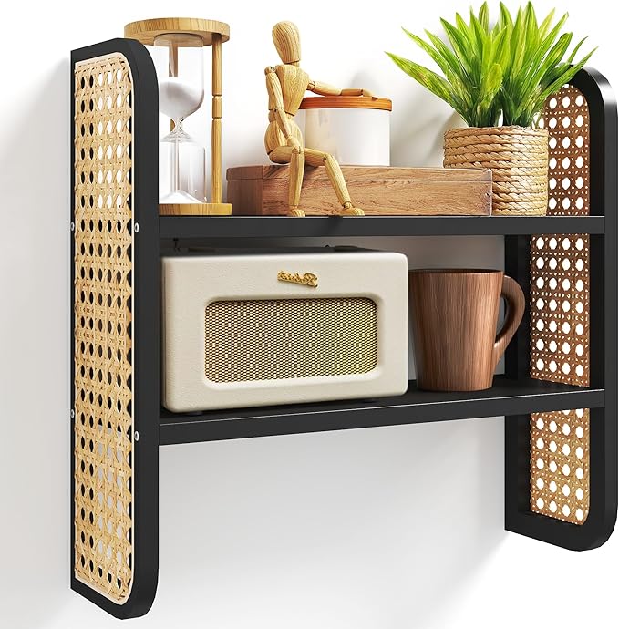 2-Tier Black Rattan Wall Shelf, Cute Hanging Book Shelves Storage, Decorative Natural Display Shelves, Boho Floating Shelf for Nursery, Bedroom, Living Room