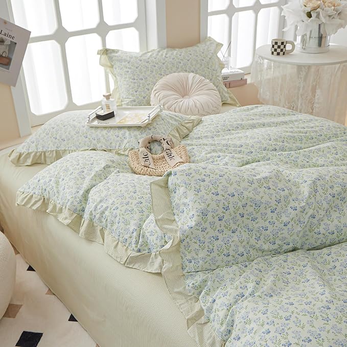 Ruffle Duvet Cover Queen Garden Style Lace Duvet Cover Soft Cotton Vintage Floral Blue Flower Bedding Set Romantic Ruffle Comforter Cover Princess Lace Bedding Botanical Comforter Cover Queen Size
