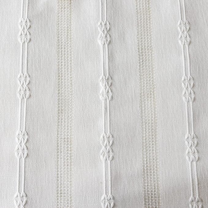Deeprove Boho Curtain 96 Inches Long for Bedroom, Sheer Ivory Cotton Linen White Stripes Embroidery Shabby Chic Hollow Geometric, Semi Blackout Window Vintage Drape Tassels, 1 Panel W52 x L96
