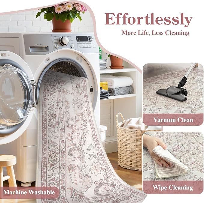 Wonnitar Vintage Floral Rugs for Bedroom Girls, 5x7 Washable Pink Nursery Rug for Baby, Ultra-Thin Non Slip Soft Medallion Carpet for Aesthetic Decor Toddler Kids Room Living Room