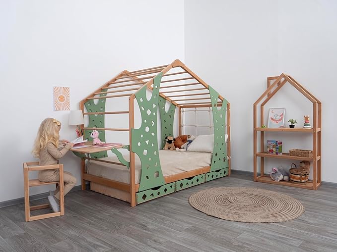 BUSY WOOD Monkey Bed – Twin Frame with Storage & Foldable Table – Montessori Indoor Playground – Jungle Gym Furniture for Kids – Toddler Sleeping Frame with 3 Drawers