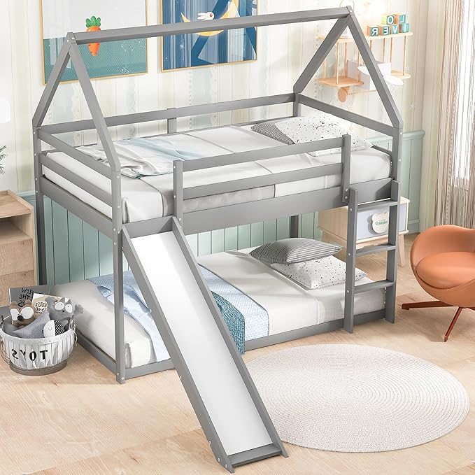 MERITLINE House Shaped Bunk Bed Twin Over Twin Size Wood Bunk Bed with Slide Low Bunk Beds for Boys and Girls, Twin Size, Grey