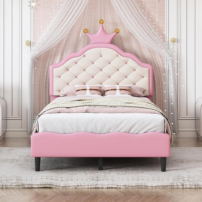 Bellemave Twin Size Princess Bed Frame with Lovely Crown Shaped Headboard for Girls,Upholstered Platform Bed with Slats Support,Twin Girls Bed,Pink Cream