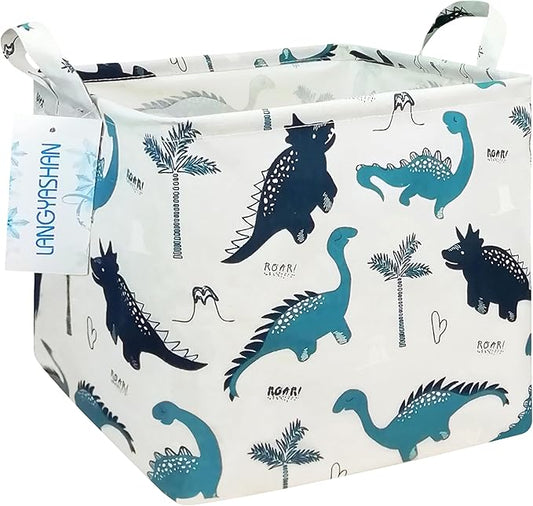 LANGYASHAN Square Storage Baskets Waterproof Canvas Children Laundry Nursery Hamper for Shelves Gift Baskets Toy Organizer Room Decor (Square Dinosaur)