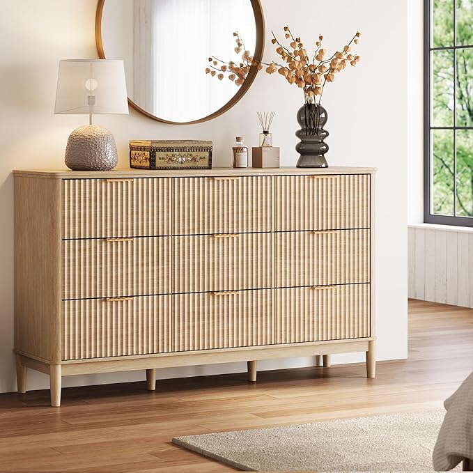 LINSY HOME Fluted Dresser for Bedroom with 9 Drawers, 58" Wide Mid Century Modern Dresser, Tall Boho Chest of Drawers, Large Wood Accent Storage Cabinet for Living Room, Curved Profile Design, Oak