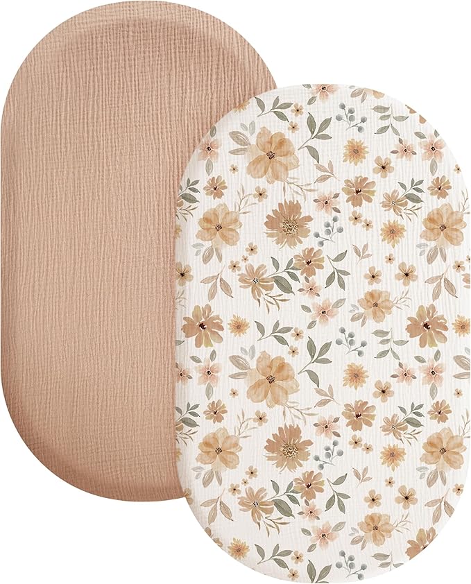 Konssy 2 Pack Muslin Fitted Bassinet Sheets for Baby Girl Boy, Soft Breathable Baby Bassinet Sheets Fit for Bassinets, Cradle, Moses Basket Oval Rectangle Pad/Mattress (Peach,Floral)