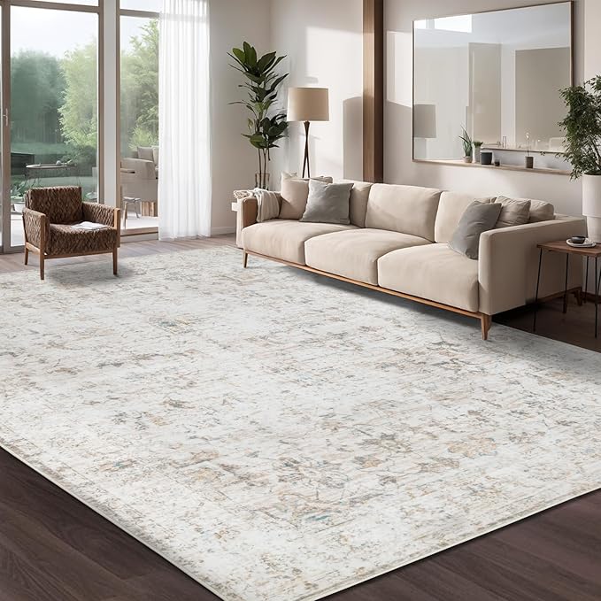 Washable 10×12 Area Rug for Living Room, Vintage Floral Rug Soft Non Slip Stain Resistant Boho Carpet for Indoor Bedroom Dinning Room Home Office Beige