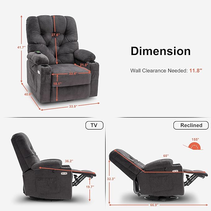 MCombo Electric Power Swivel Glider Rocker Recliner Chair with Cup Holders for Nursery, Hand Remote Control, USB Ports, 2 Side & Front Pockets, Plush Fabric 7797 (Grey)