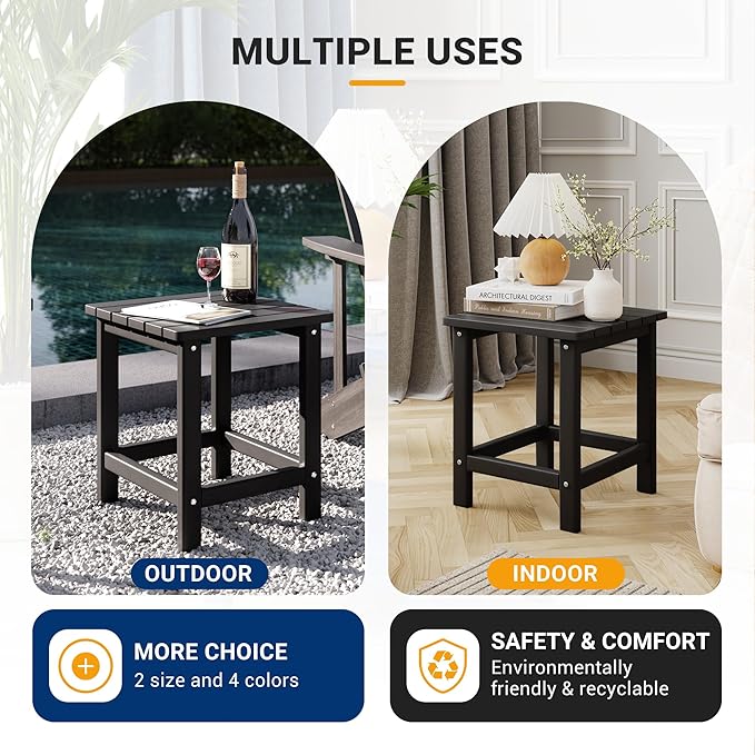 UDPATIO Small Side Table, 16x16x17.8 in, Black, Adirondack Table, Indoor & Outdoor Use