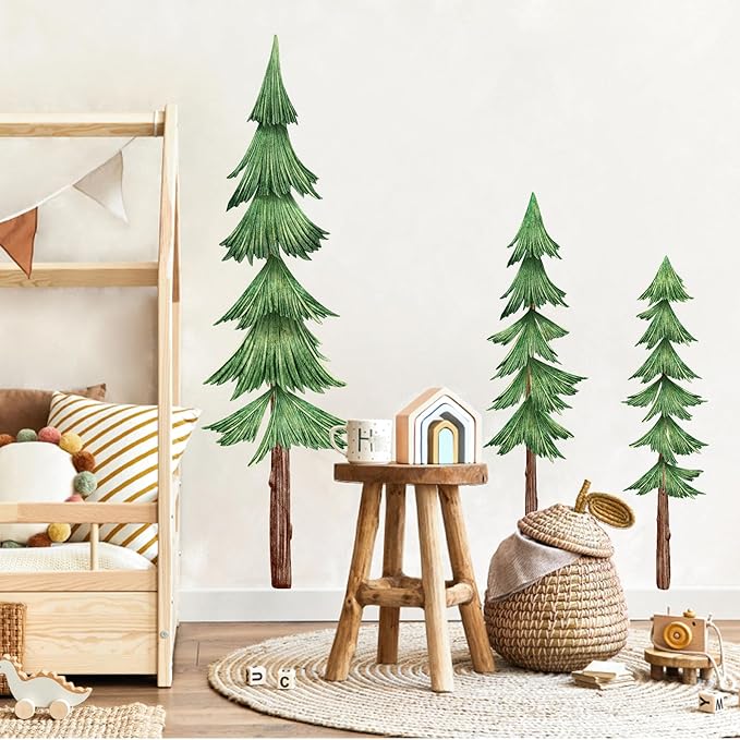 Large Pine Tree Wall Decals Peel and Stick Watercolor Extra Large Tree Wall Decal Forest Nature Green Tree Wall Stickers Giant Pine Tree Wall Decals for Nursery Kids Room Decor