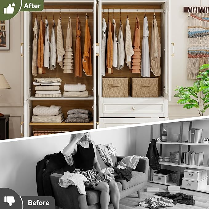 Solid Wood Wardrobe Closet:TemkTuek 70.87" Large Armoire Wardrobe Cabinet,Clothing Storage Cabinet with Doors,Shelves and Hanging Rails,Vintage Freestanding,Bedroom,White(18-19)