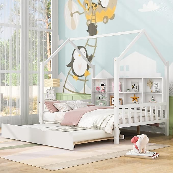 Harper & Bright Designs Full House Bed with Trundle, Wood Kid Daybed Frame with Storage Shelves for Kids, Teens, Solid Wood Structure & House-Shaped, White