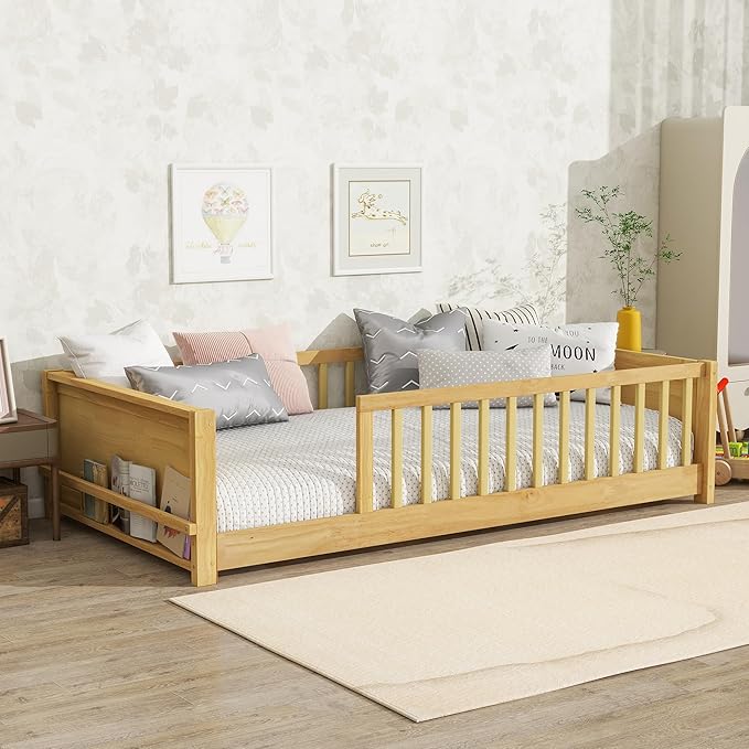 Floor Bed with Rails Twin Size, Wood Montessori Floor Bed with Storage Bookcase, Kids Bed Frame with Fence for Boys Girls, Natural