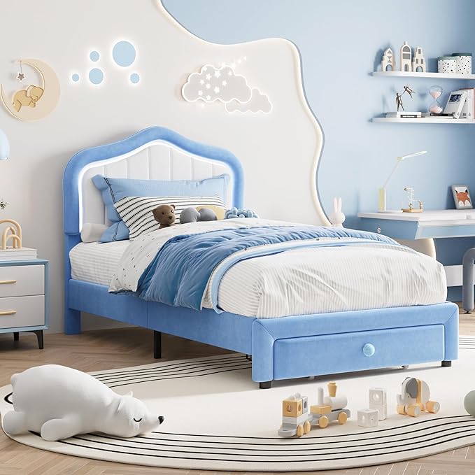 GarveeHome Twin-XL Upholstered Bed Frame with Storage Drawer and Smart Led Headboard, Twin-XL Size Platform Bed Frames for Kids, Wooden Slats Support, No Box Spring Needed, Easy Assembly, Blue