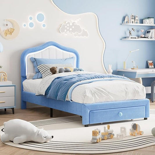 GarveeHome Twin Upholstered Bed Frame with Storage Drawer and Smart Led Headboard, Twin Size Platform Bed Frames for Kids, Wooden Slats Support, No Box Spring Needed, Easy Assembly, Blue