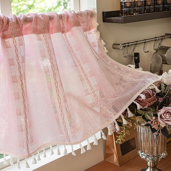 Deeprove Boho Valance Kitchen Short Curtain Tassel, Textured Striped Drape Light Filtering Tier Embroidered Chic Window Treatment for Cafe Dinging Room Closet, W52 x L18 inch SINGLE 1 Panel Blush Pink