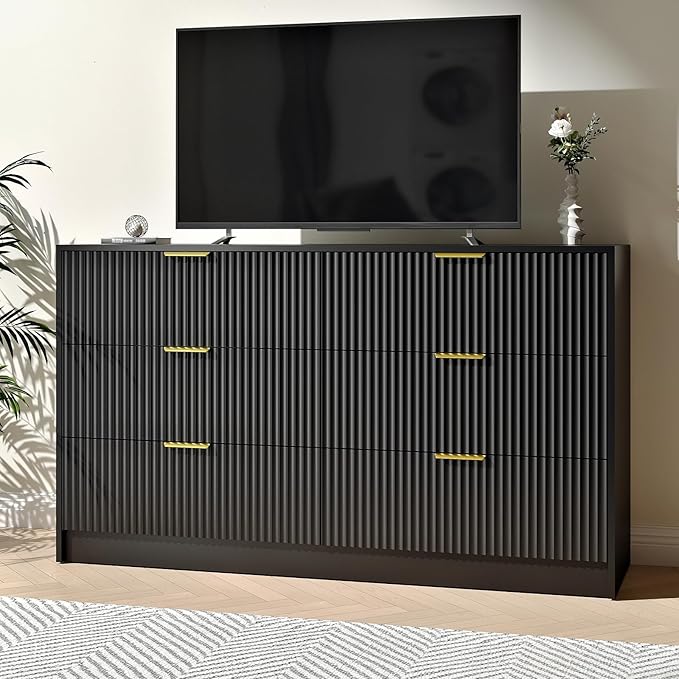 Black Dresser with 6 Deep Drawers, 55” Wide Fluted Dresser for Bedroom with Gold Handle, Modern Chest of Drawer for Closet, Bedroom, Living Room, Black