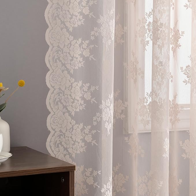 Kotile Blush Pink Sheer Curtains 63 Inch Length, 2 Panels, W42 x L63 Inch Each, Country Rustic Floral Coquette Lace Curtains for Bedroom, Rod Pocket Light Filtering Privacy Window Sheer Lacy Curtain
