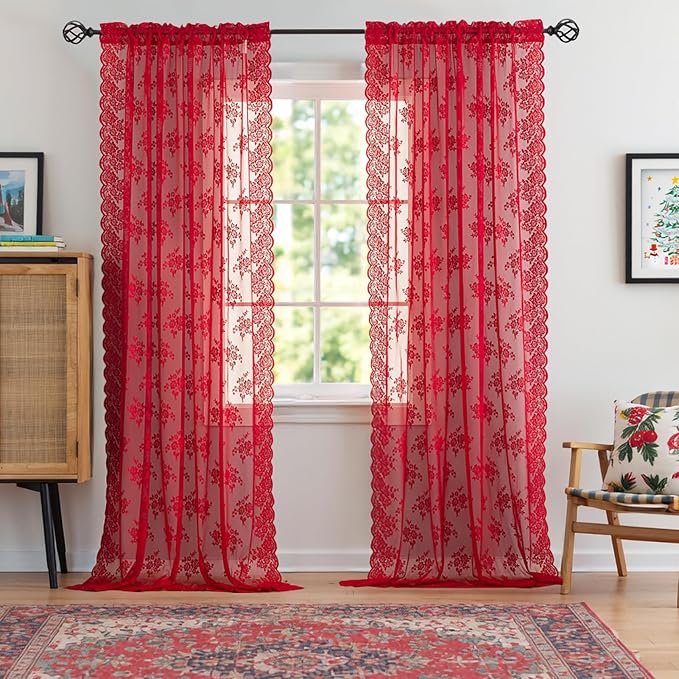 Kotile Red Sheer Curtains 63 Inch Length, W52 x L63 Inch, 2 Panels, Country Rustic Floral Vintage Red Lace Curtains for Bedroom, Rod Pocket Privacy Light Filtering Cottagecore Sheer Window Curtain