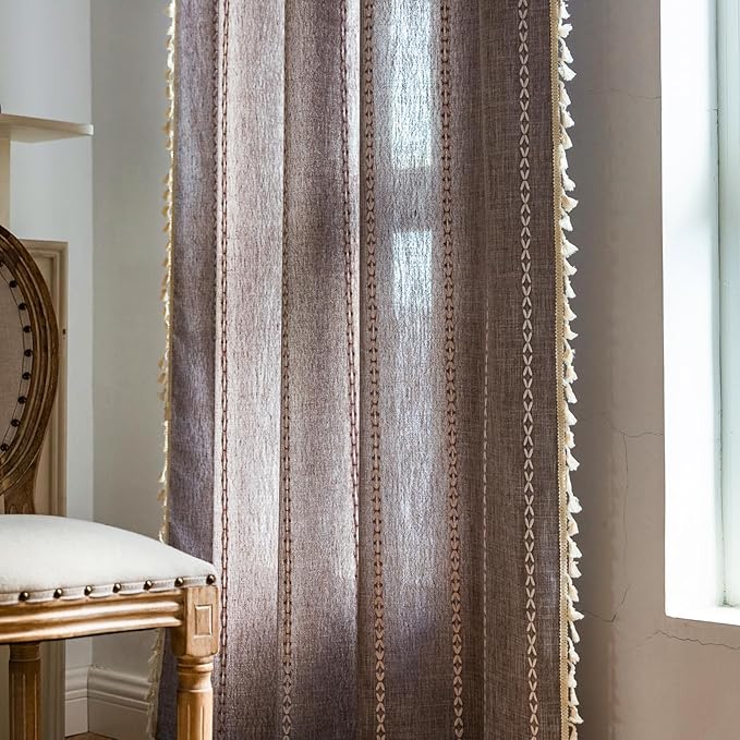 Deeprove Brown Boho Curtains 84 inches Long for Bedroom Living Room, Dark Coffee Bohemian 84 inches Length Embroidery Cottage Farmhouse Privacy Style Tassel Window Treatments, 1 Panel W52 x L84